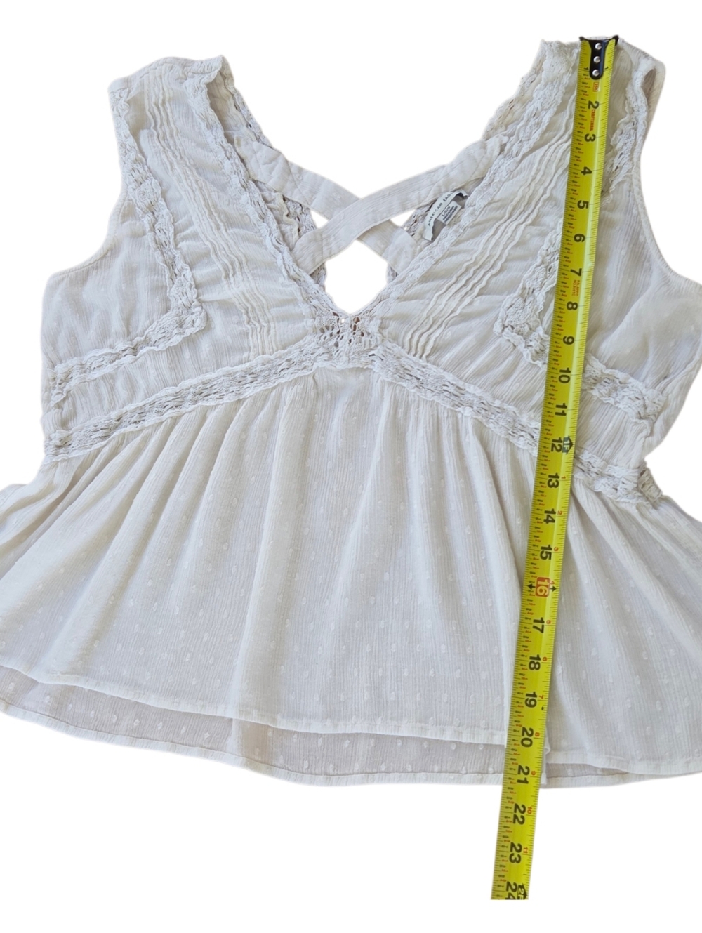 American Eagle Lace Shell Top Babydoll Tank Blouse Flowy Trapeze Gauzy Ivory L - Picture 10 of 13